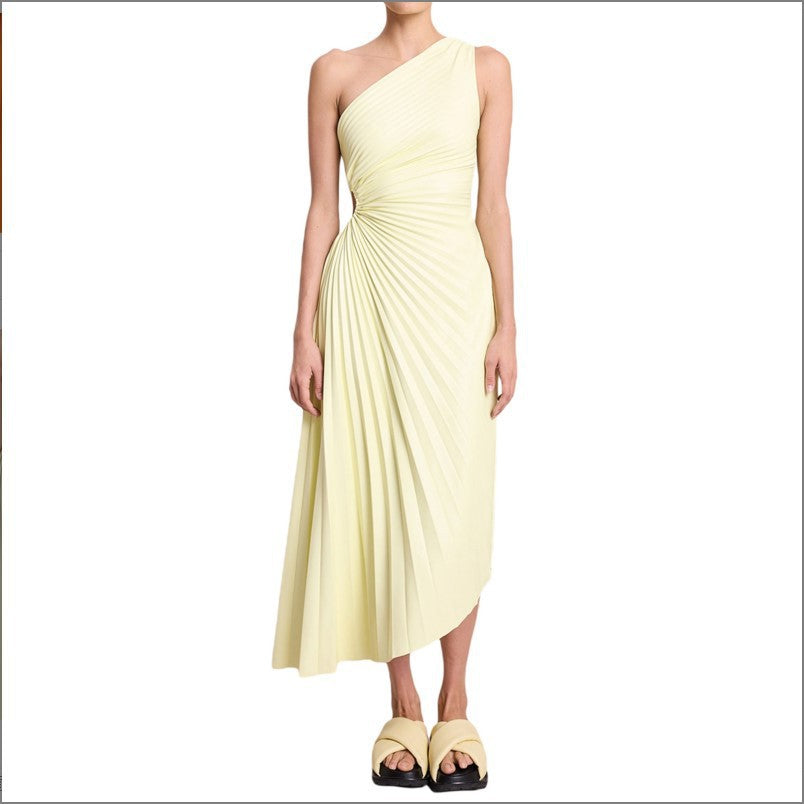 Women's Fashion Solid Color Casual Sexy Temperament One Shoulder Diagonal Evening Dresses