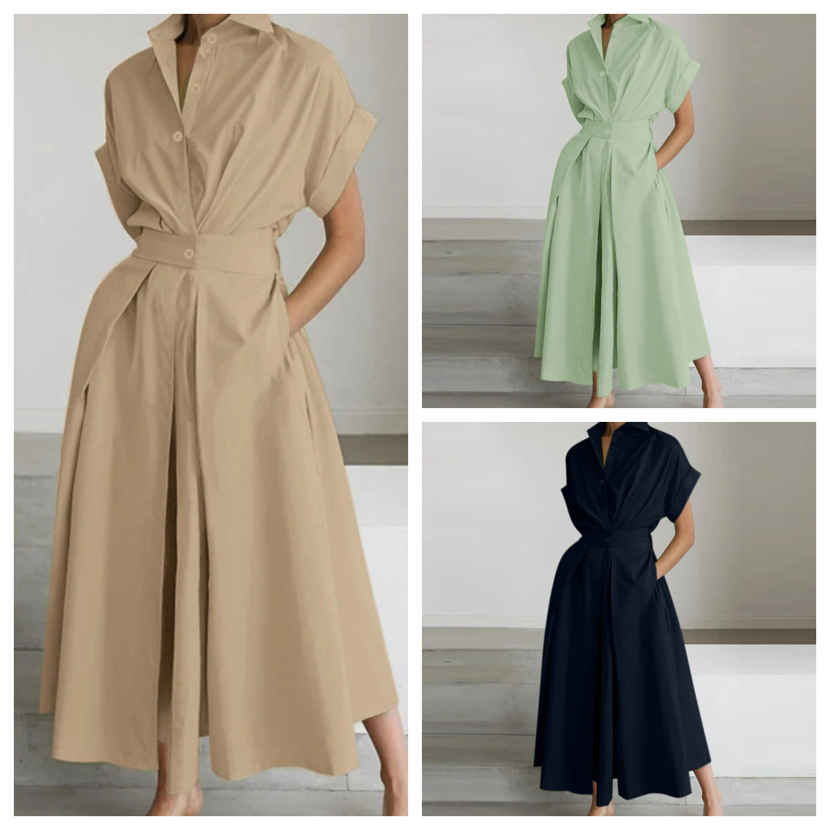 Solid Color Cotton Linen Elastic High Dress