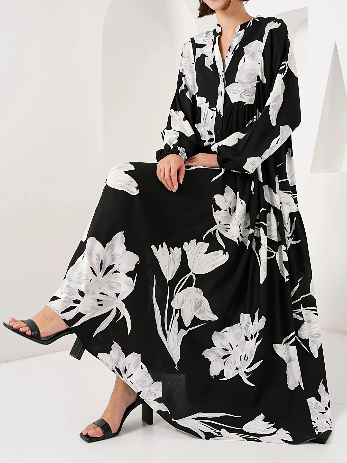 Graceful Noble Robe Flower Long Shirt Dress