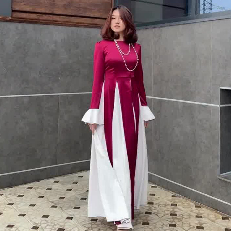 Women's Autumn Fashion Color Contrast Patchwork Large Dresses