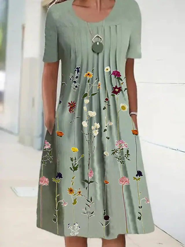 Women's Floral Print Round Neck Pullover Mid-length Dress
