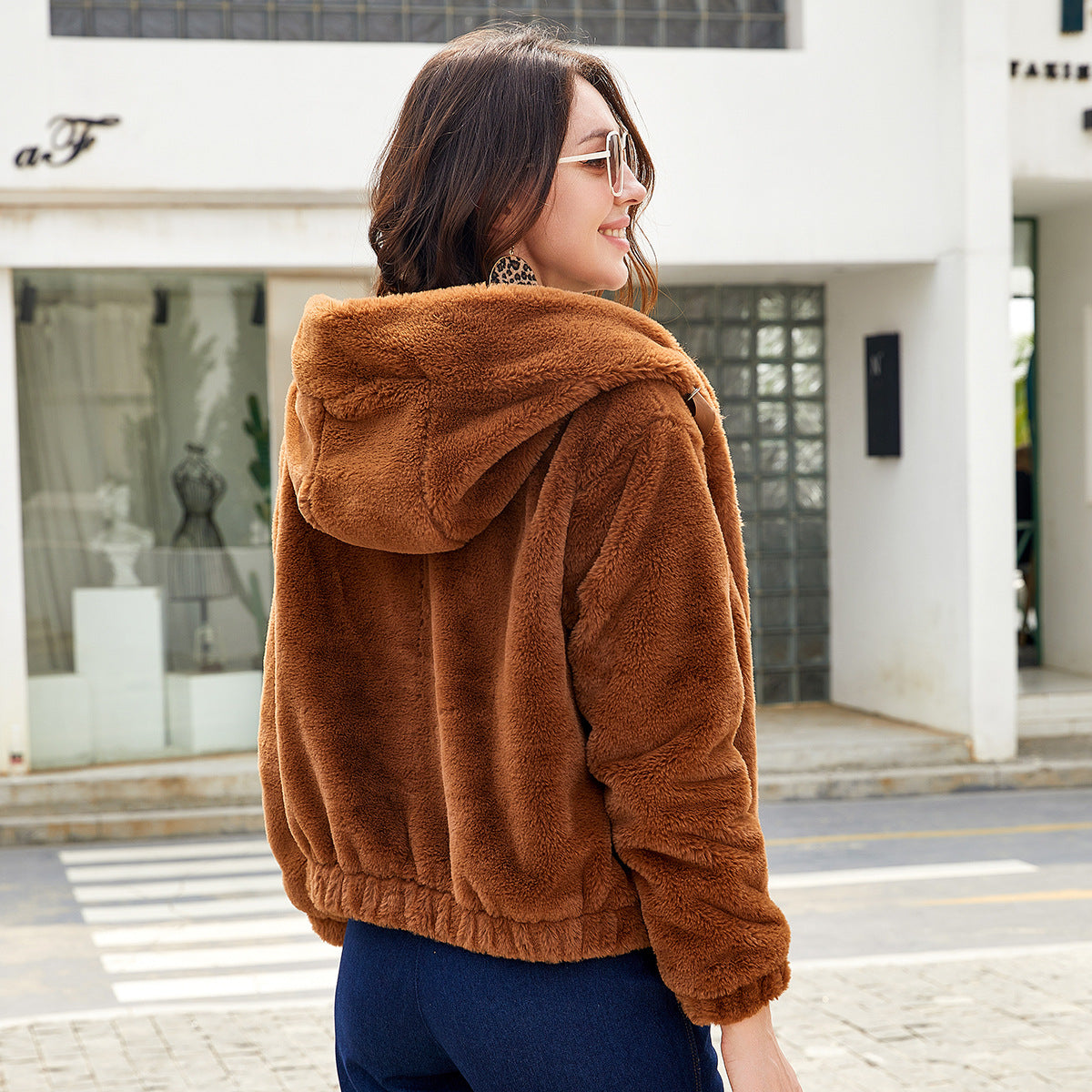 Women's Plush Hooded Long Sleeve Cotton Solid Coats