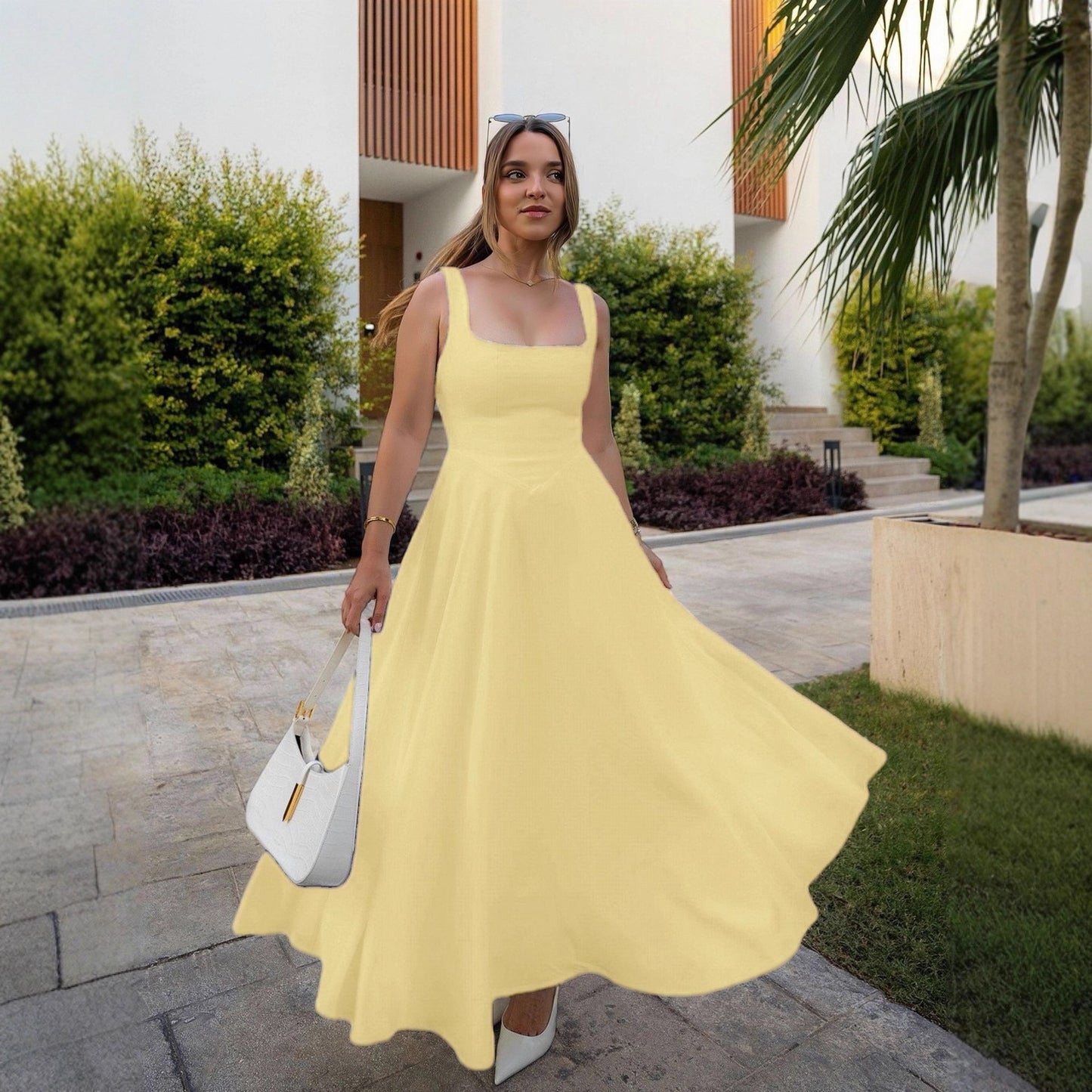 Women's Summer Temperament Square Collar Sleeveless Waist Trimming Dress