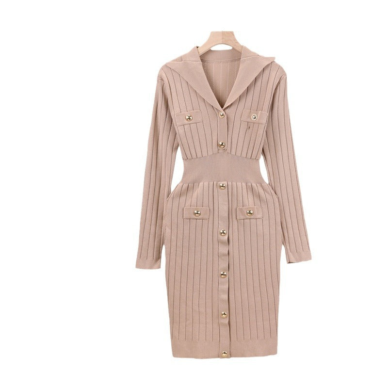 Women's Temperament Long-term Polo Collar Solid Color Dress