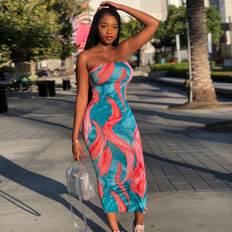 Women's Large-sized Printed Long Sleeve Close-fitting Sexy Dress
