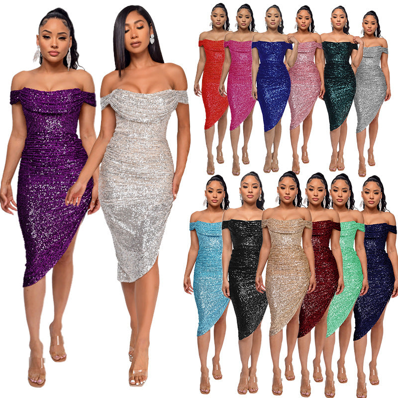 Women's French Style Pleated Sequined Split Elegant Dresses