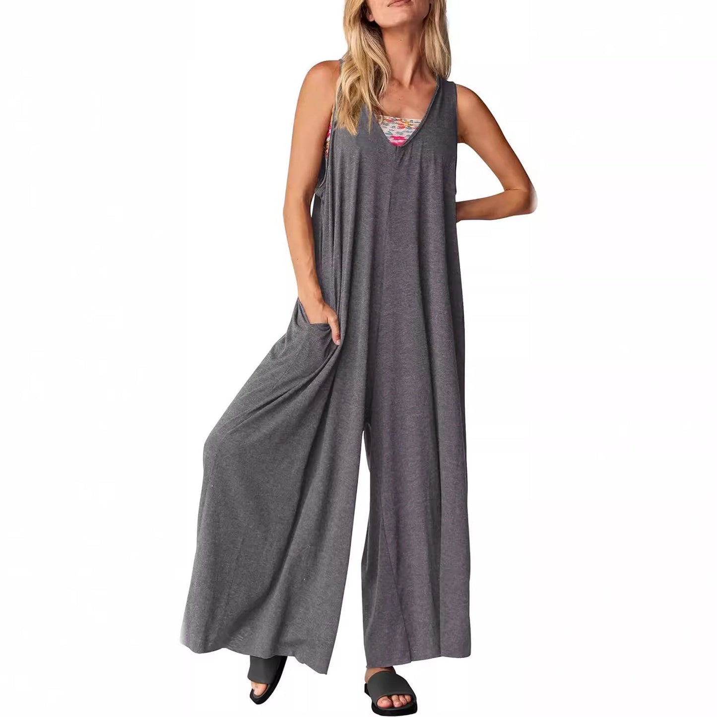 Women's Casual Summer Loose Sleeveless Collar Wide Dresses
