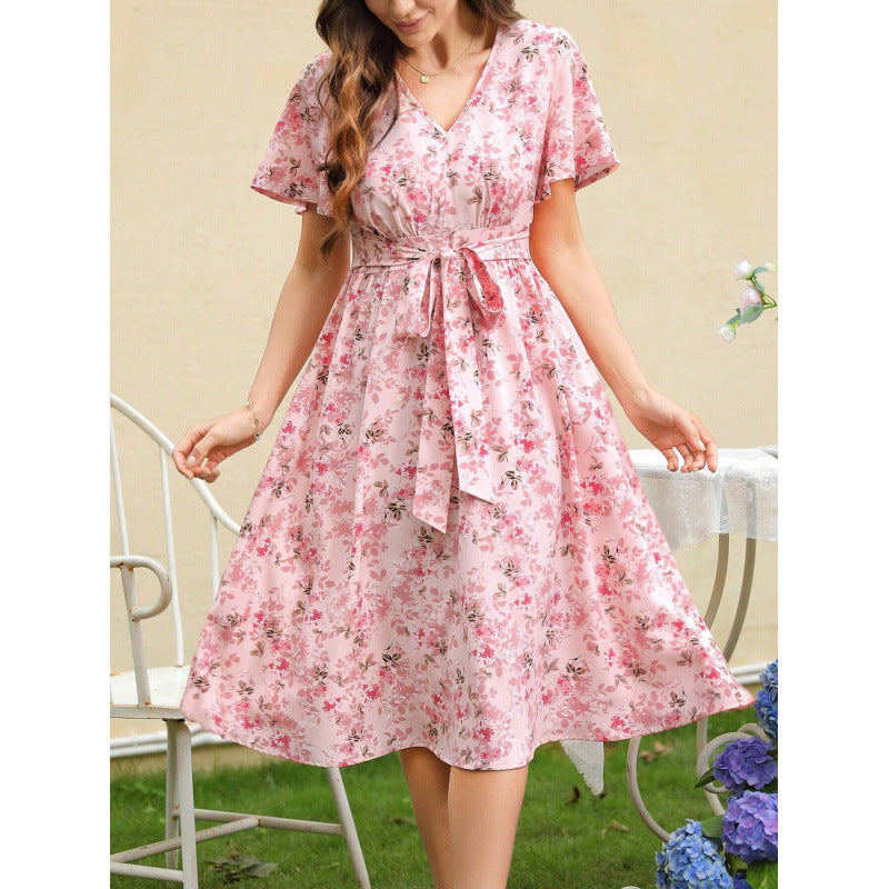Women's Summer Sleeve Printed Ruffled Tied Shorts