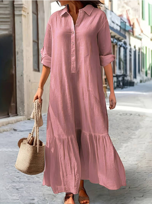 Long Irregular Shirt Collar Button Casual Dress