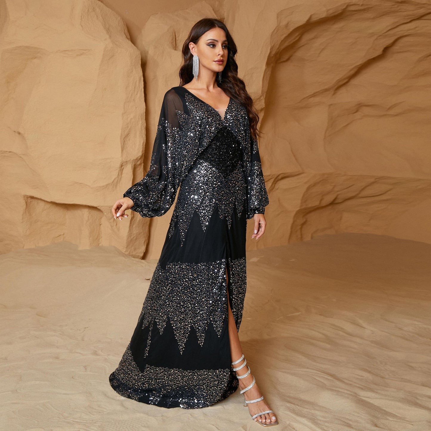 Women's French Style Long Dress Sleeve Sequined Dresses