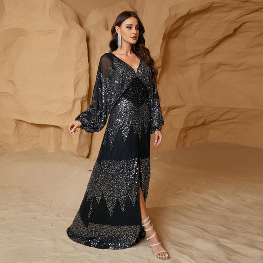 Women's French Style Long Dress Sleeve Sequined Dresses