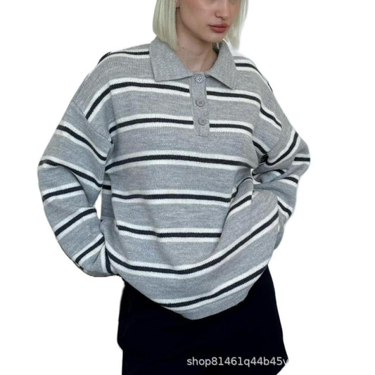 Women's Vintage Stripe Collar Loose Idle Henry Sweater
