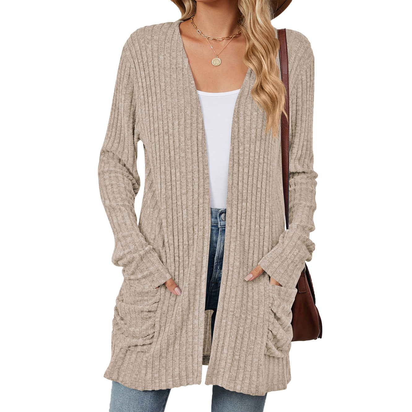 Solid Color Pocket Long Sleeve Bottoming Knitwear