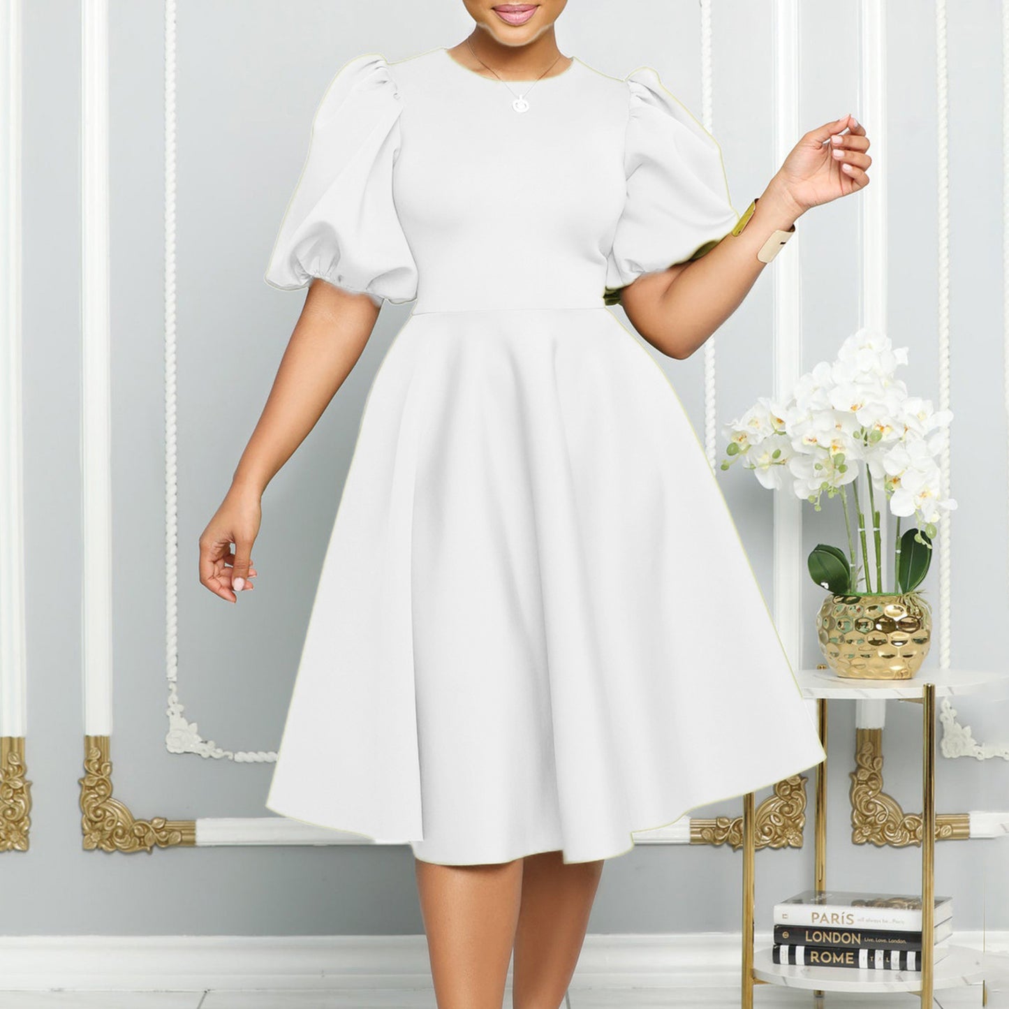 Neck Graceful Puff Sleeve Large Hem Dress