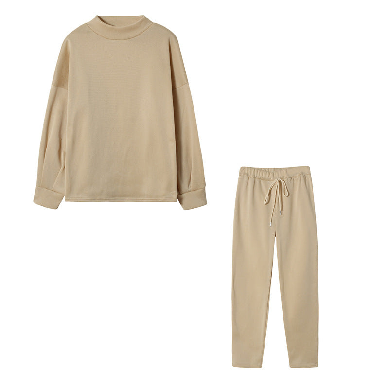 Women's Turtleneck Casual Solid Color Trousers Two-piece Suits
