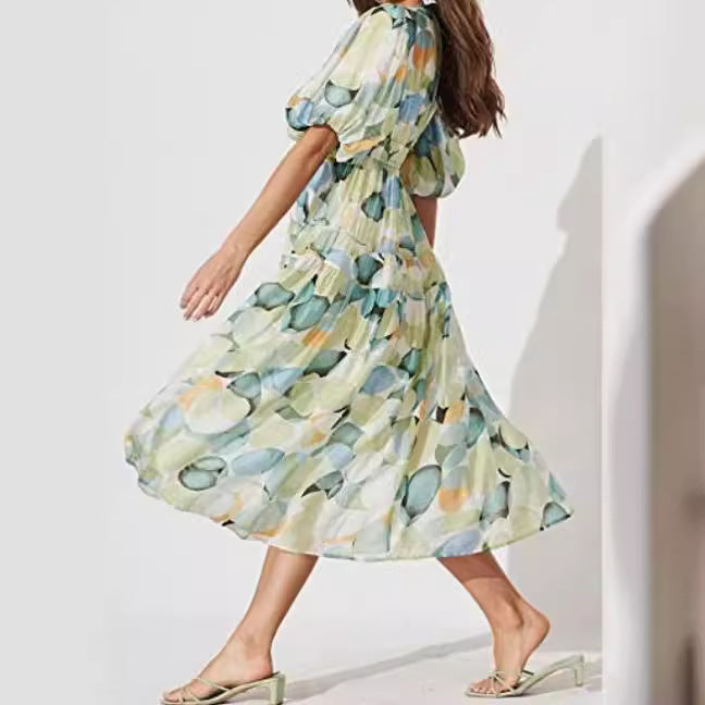 Women's Bohemian Floral Mid-length Dress Pleating Beach Dresses