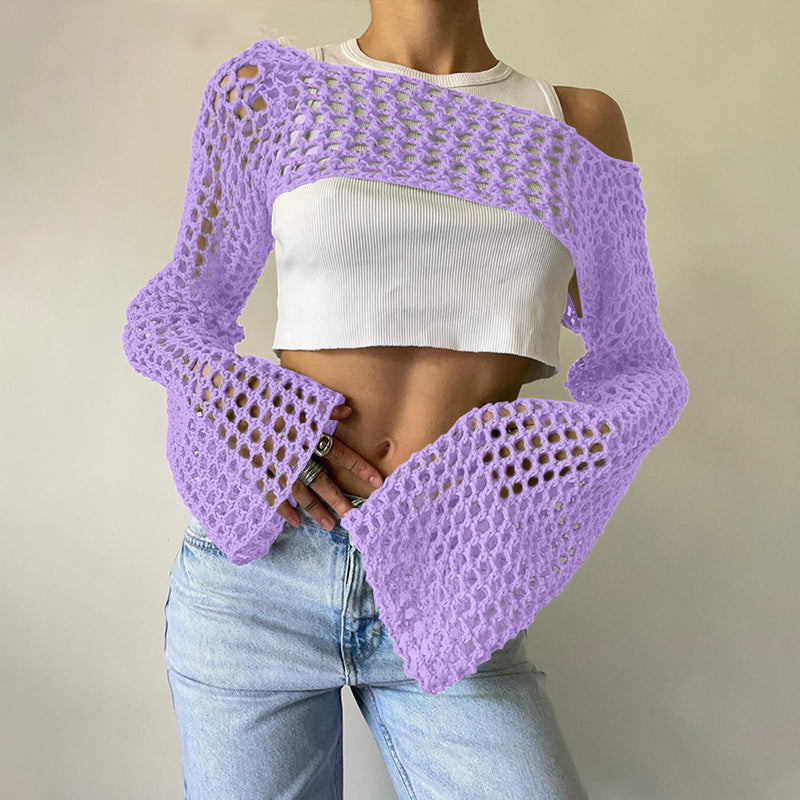 Women's Crochet Casual Bell Sleeve Sexy Mesh Women's Sweater
