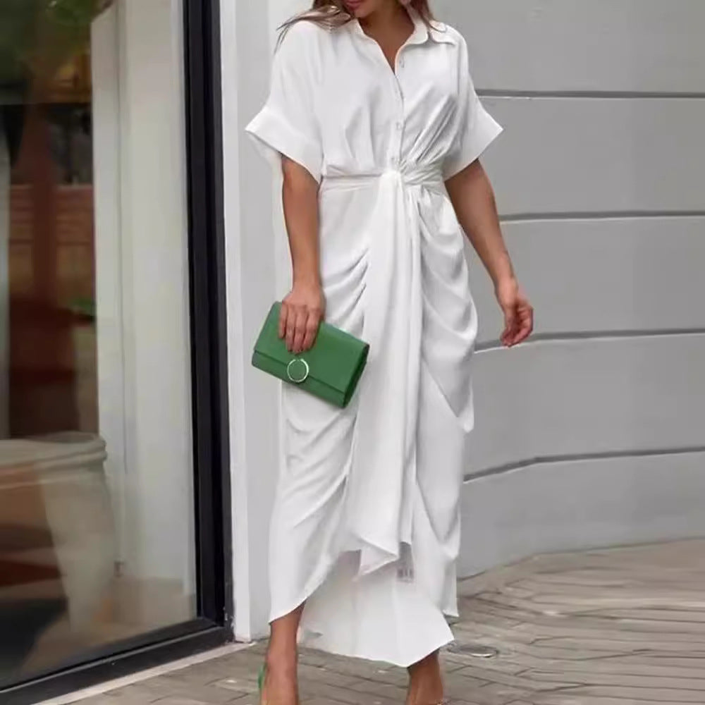 Women's Mid-length Sleeve Single-breasted High Waist Shirt Dresses