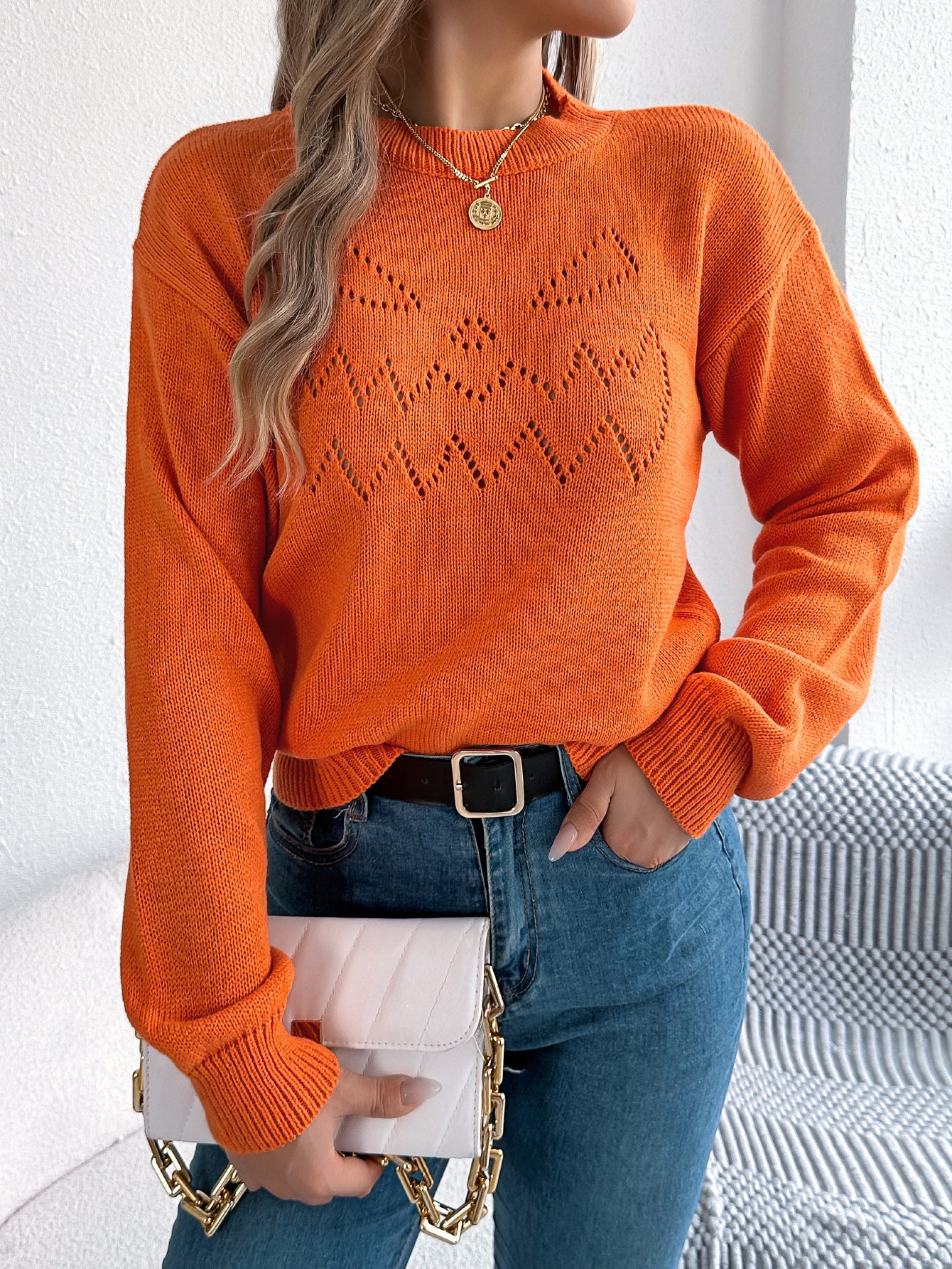Women's Solid Color Lantern Long Sleeve Pullover Sweater
