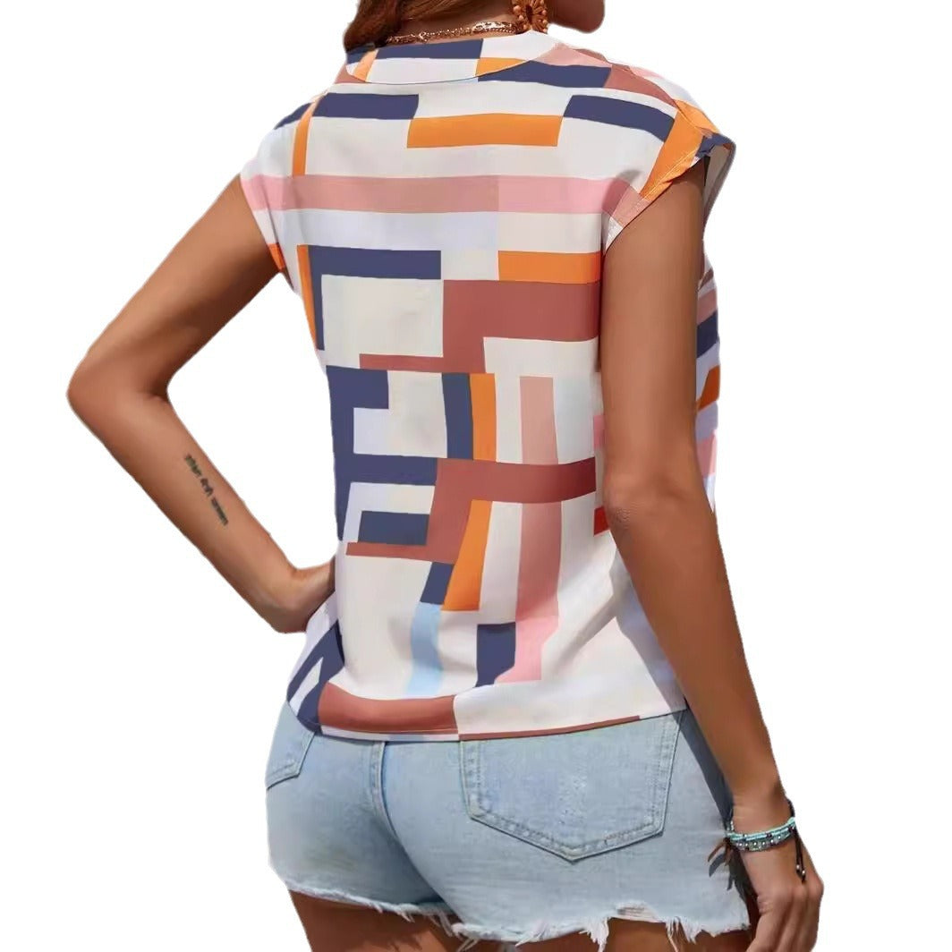 Women's Summer Geographic Print Cropped Neckline Batwing Blouses