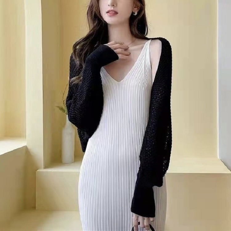 Women's Summer High-grade Long-sleeved Thin Hollow Knitted Small Blouses