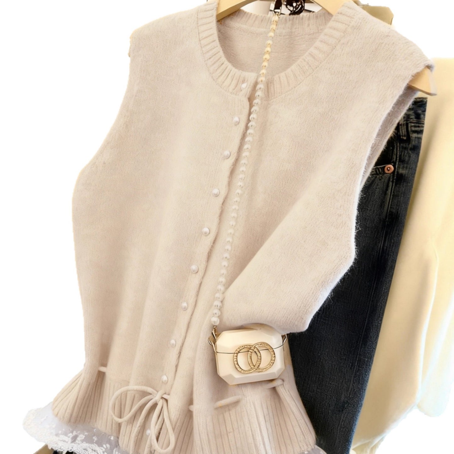 Women's Korean Round Neck Single-breasted Lace Stitching Tied Fitted Women's Sweater