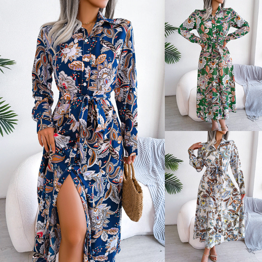 Women's Vintage Flower Lapel Tied Shirt Long Dress