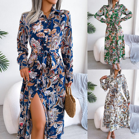 Women's Vintage Flower Lapel Tied Shirt Long Dress