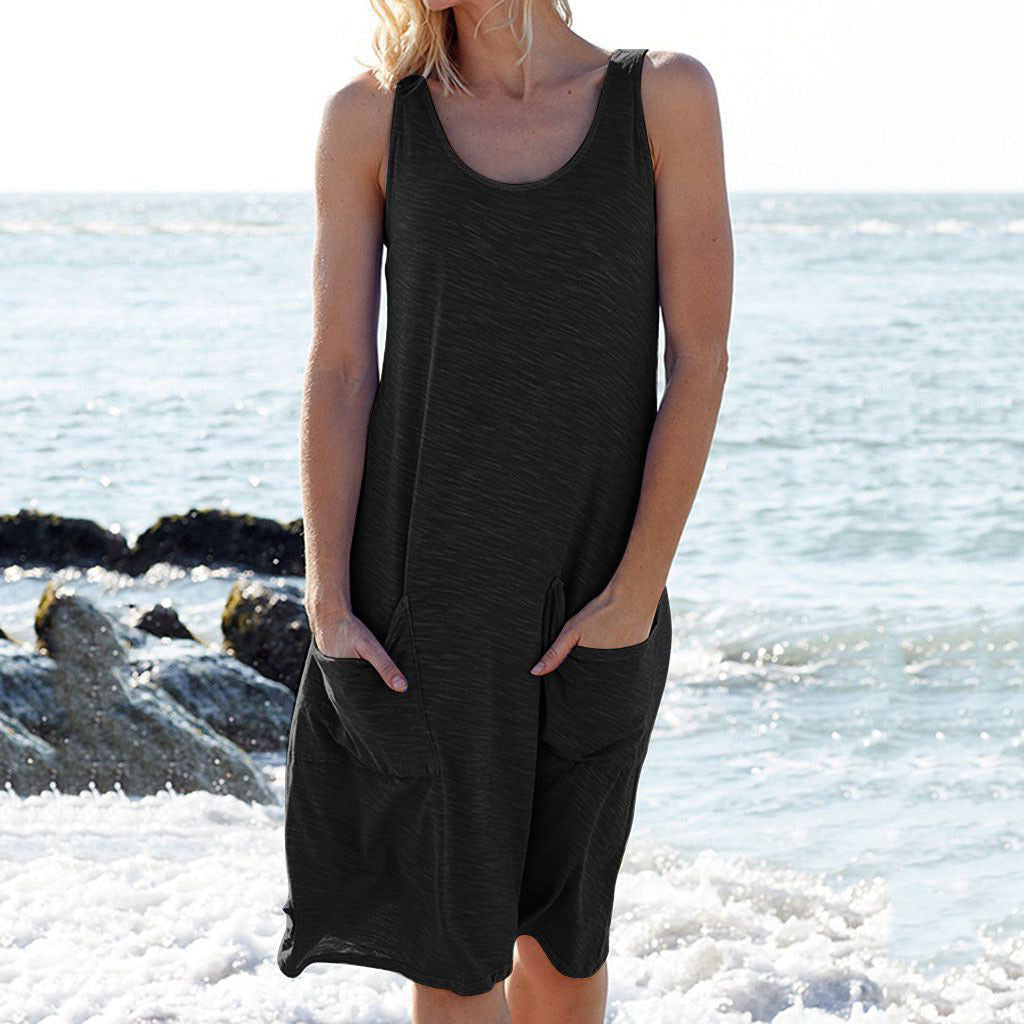 Women's Pocket Beach Midi Solid Color Sleeveless Knit Dress