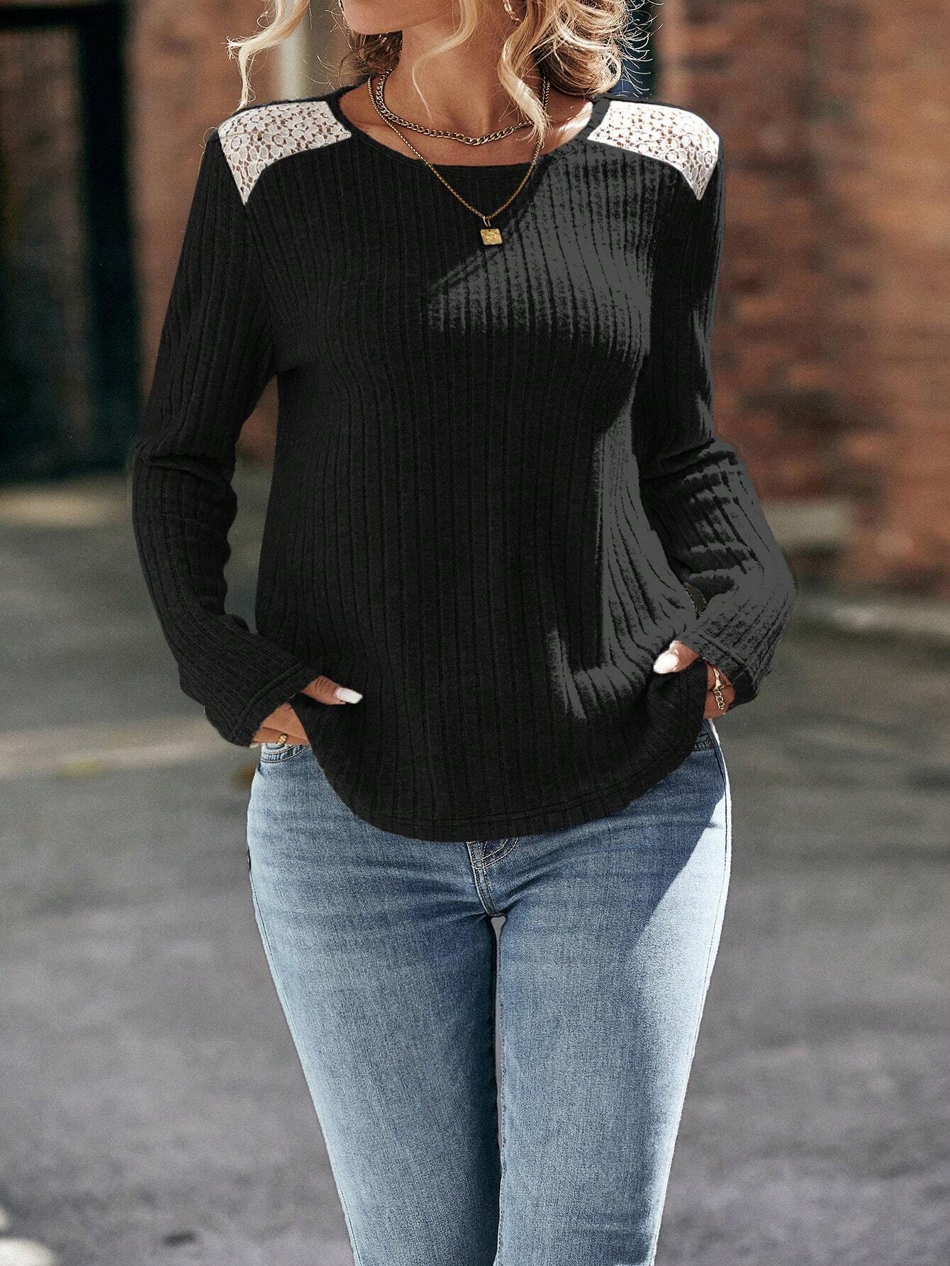 Women's Neck Sunken Stripe Brushed Lace Long Sweater