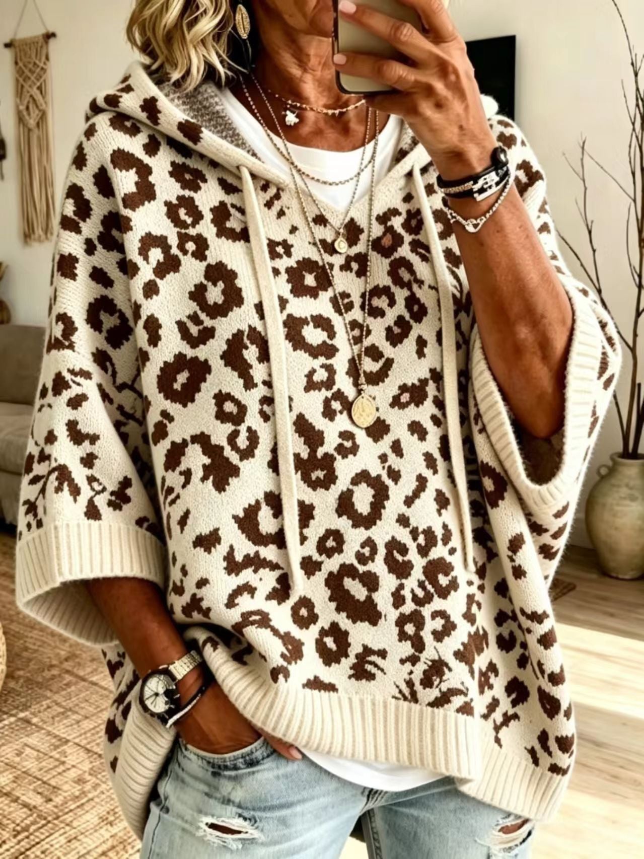 Leopard Print Hooded Drawstring Knitted Outerwear Pullover Sweater