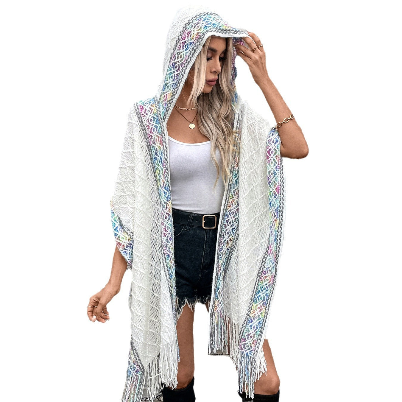 Women's Ethnic Style Knitted Hooded Tassel Cape Women's Sweater