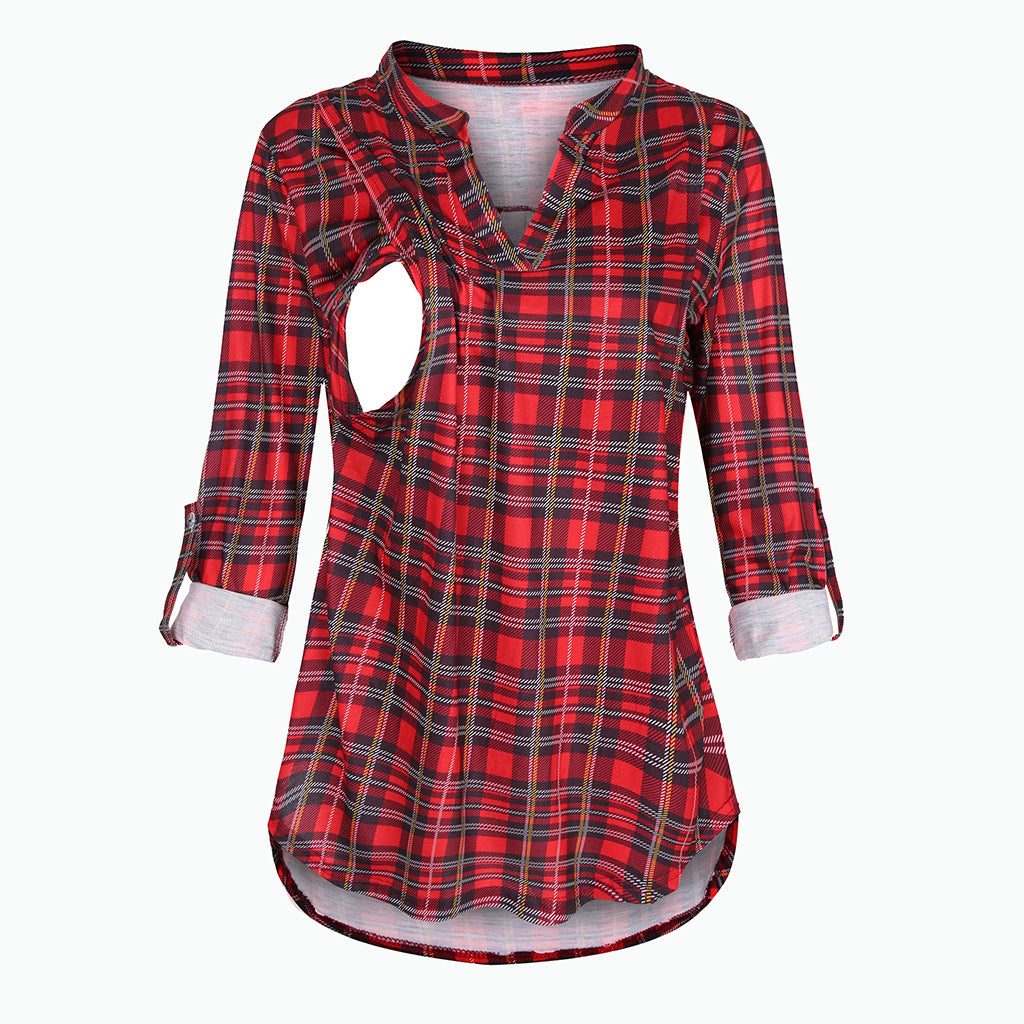Plaid Printed Pregnant Woman Breastfeeding Long Blouses