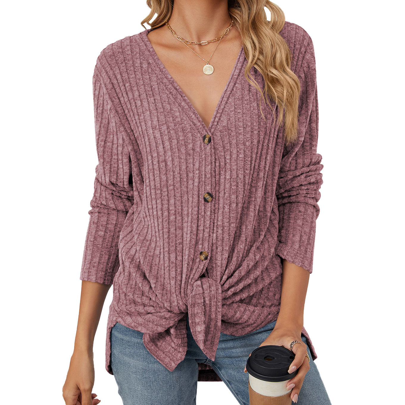 Women's Solid Color Long Sleeve Button Knitted Emerized Women's Sweater