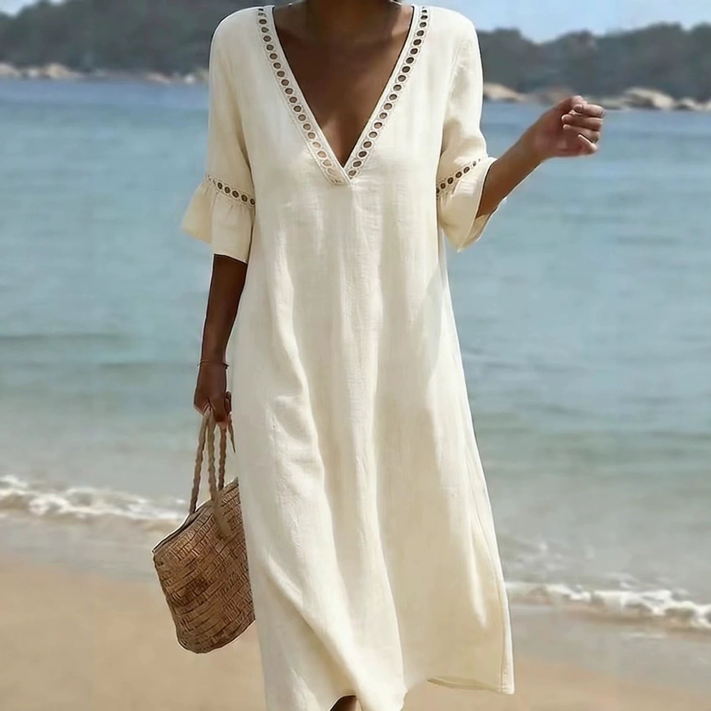 Women's Summer Solid Color Vacation Style Lace Dress