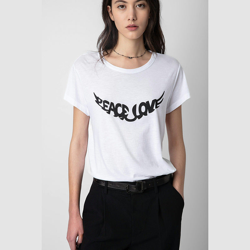 Women's French Niche Front Wings Printing Cotton Yellow White Round Blouses