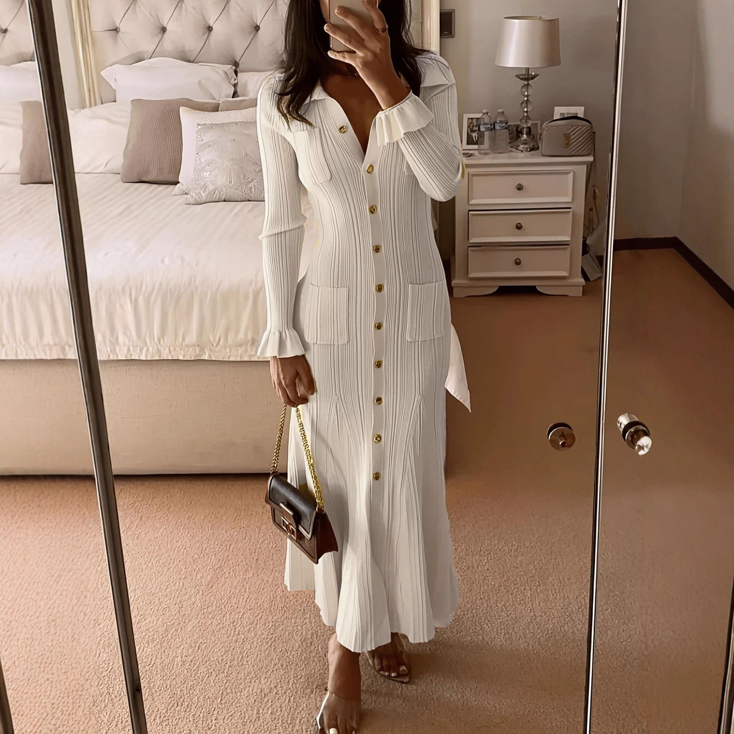 Women's French Lapel Solid Color Elegant Knitted Dress