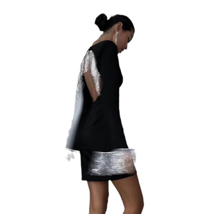 Fashion Back Hollow Bell Sleeve Black Dress