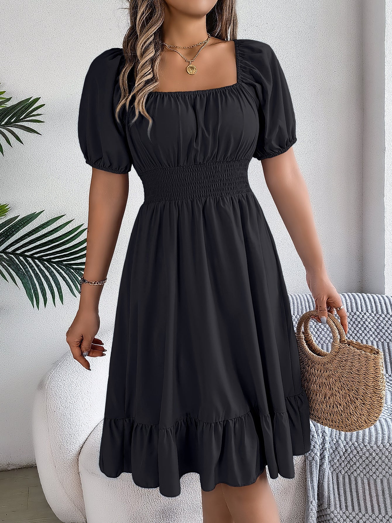 Women's Casual Square Collar Sleeve Waist Trimming Ruffles A- Dress