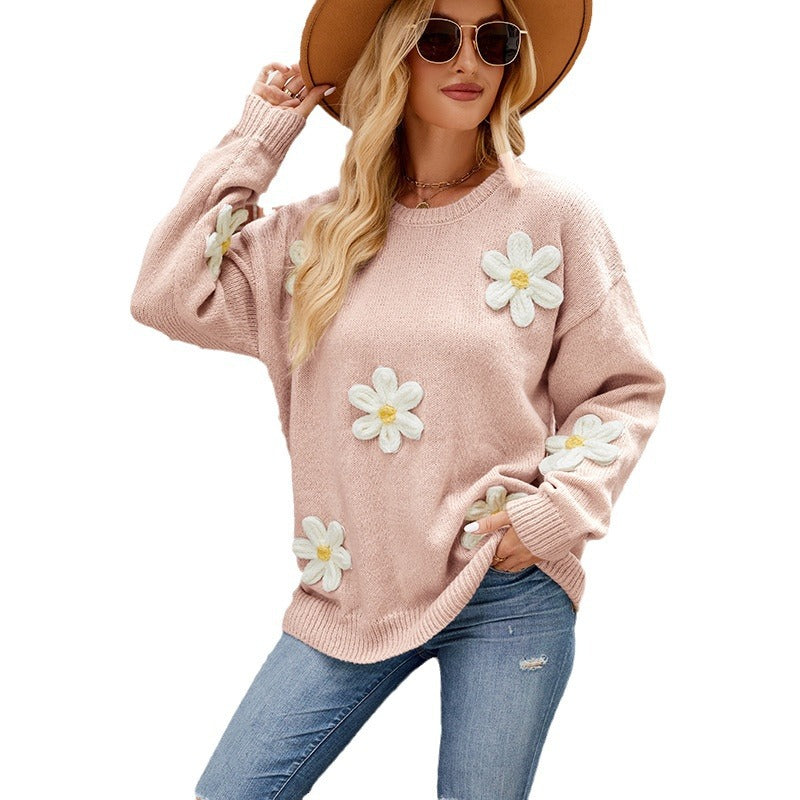 Women's Knitted Loose Idle Round Neck Flower Sweaters