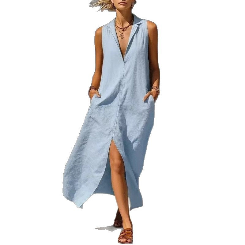 Women's Sleeveless Lapel Slit Pocket Ladies Long Dress