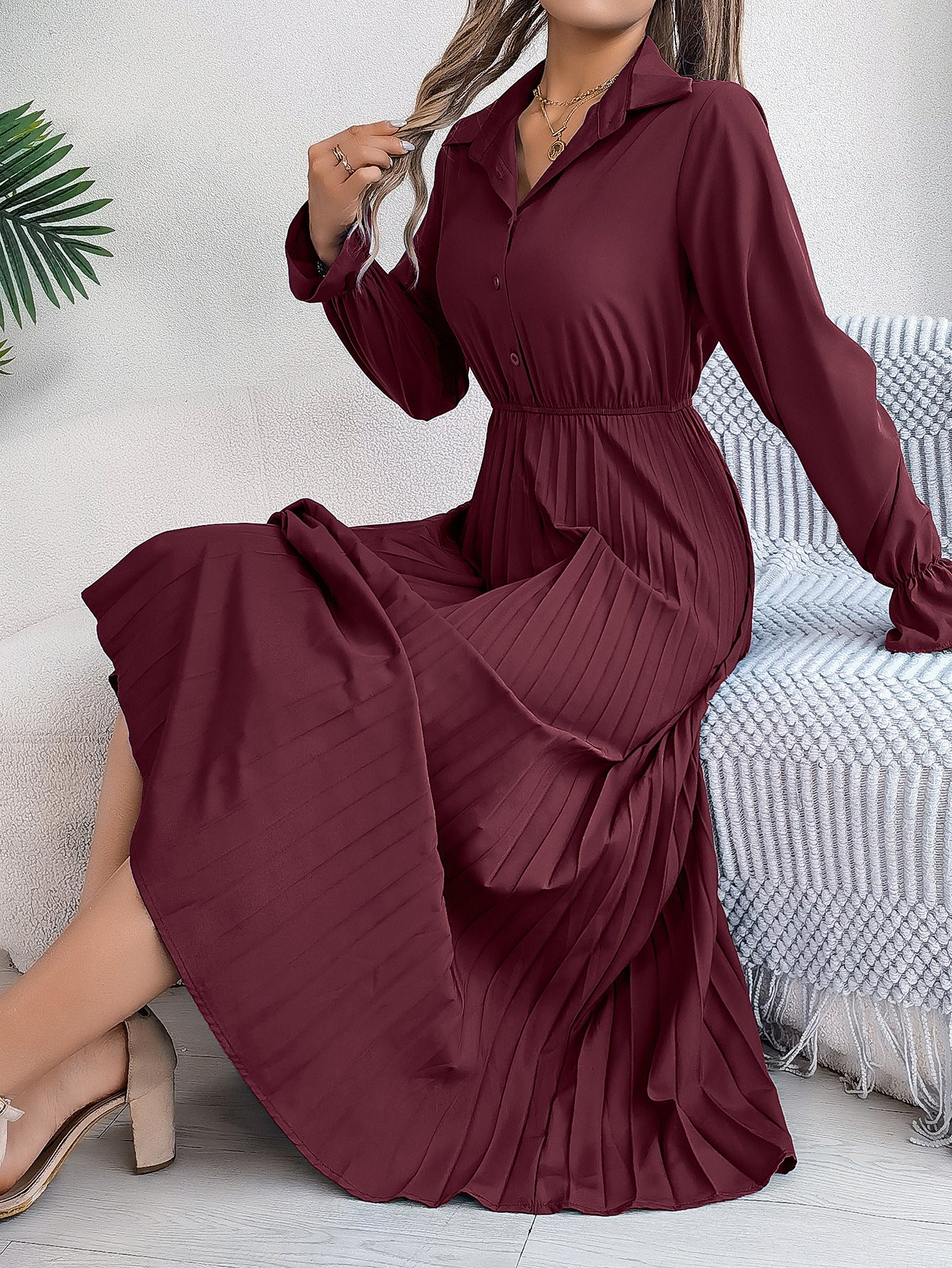 Women's Casual Polo Collar Button Long Sleeve Cinched Clothing