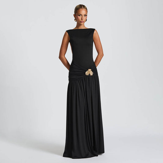 Women's Fashion Solid Color Round Neck Sleeveless Pleated Waist Tight Ribbon Dress