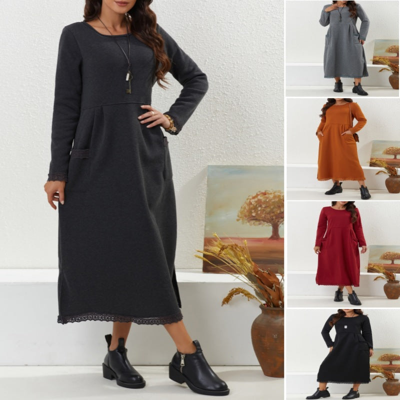 Autumn Loose Oversized Knit Lace Brushed Hoody Dress