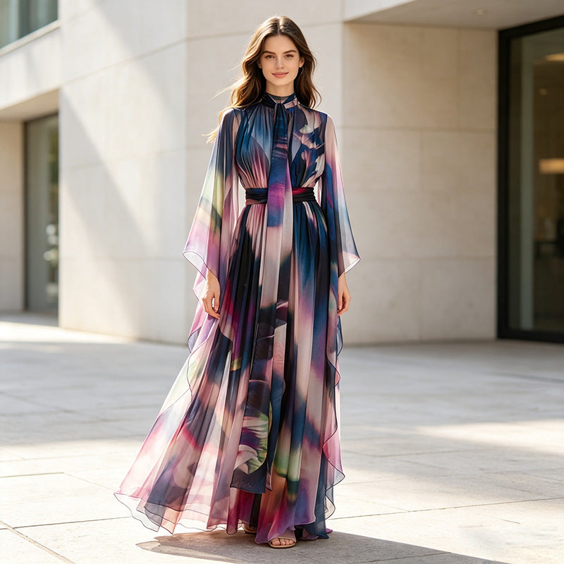 Floating Sleeve Colorful Printed Holiday Long Dress
