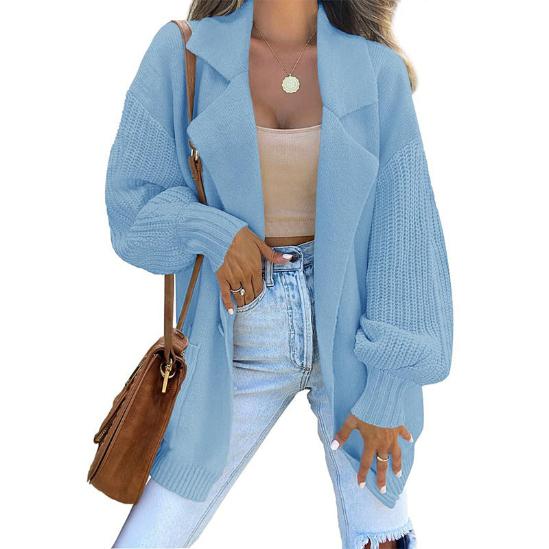 Solid Color Collar Long Sleeve Knitted Sweaters