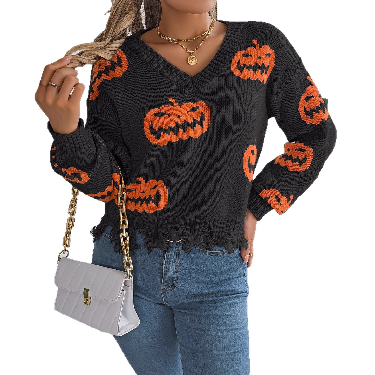 Women's Contrast Color Pumpkin Cut Long Sleeve Sweater