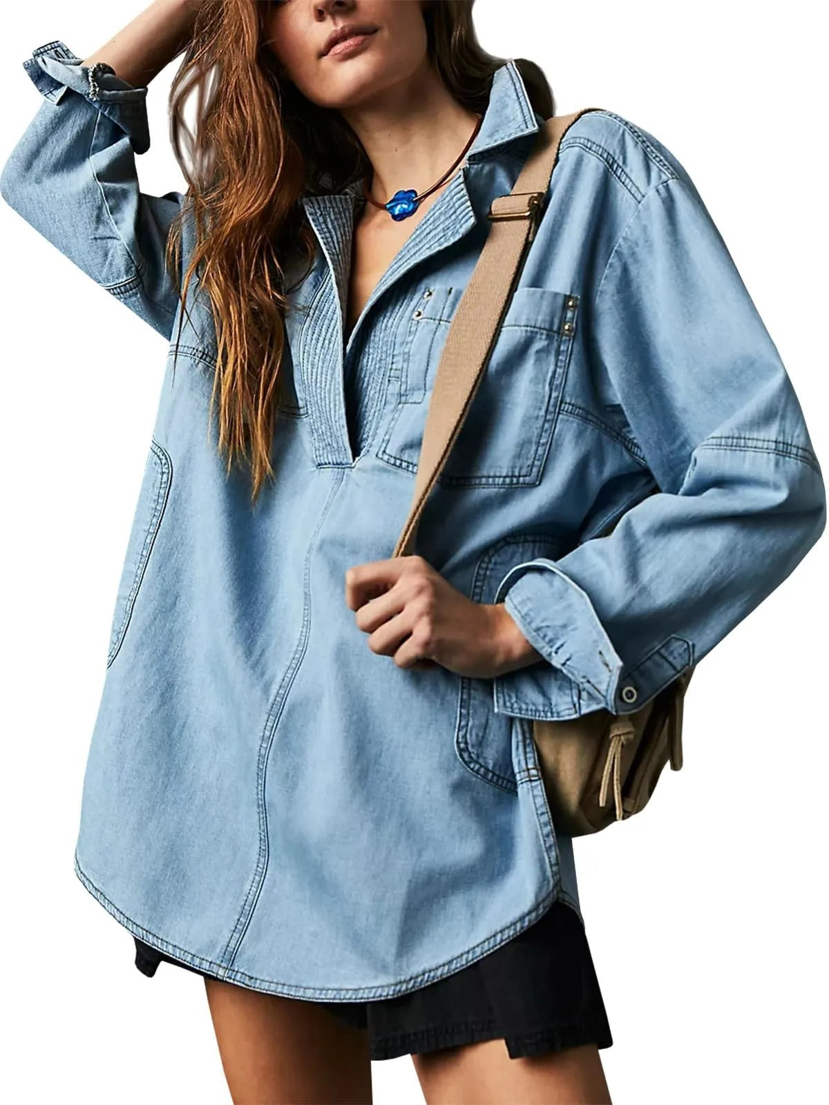 Women's Fashionable Casual Figure Flattering Denim Long-sleeved Blouses