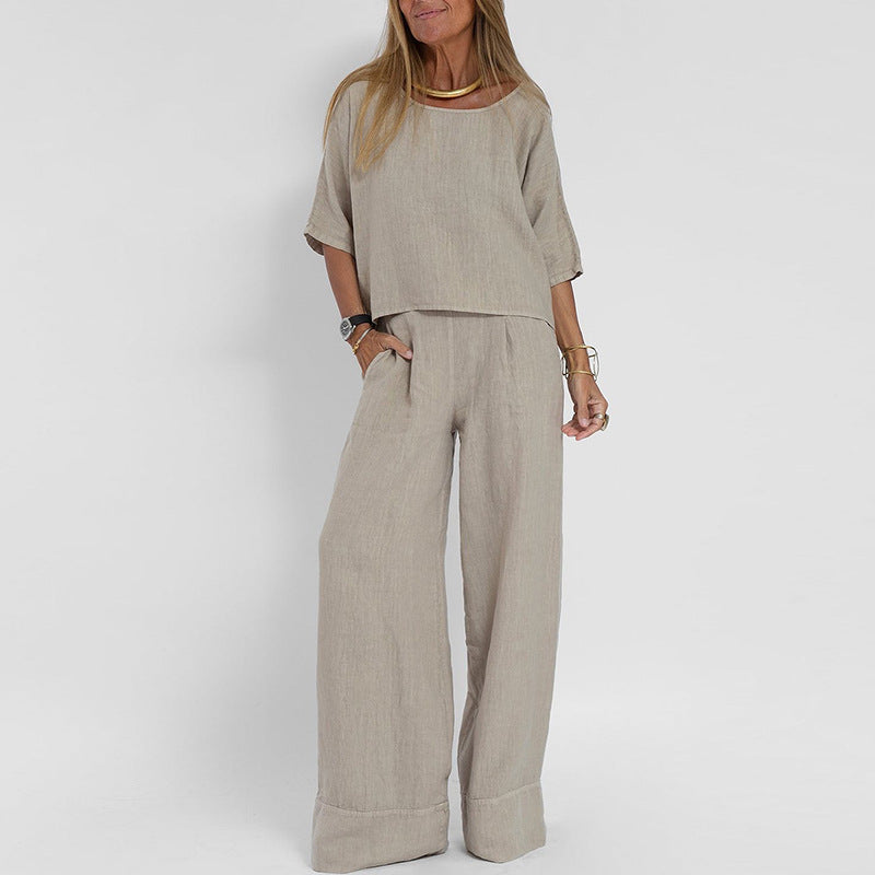 Women's Pocket Trousers Beach Sleeve Pullover Cotton Linen Solid Color Two Fashion Casual Suit