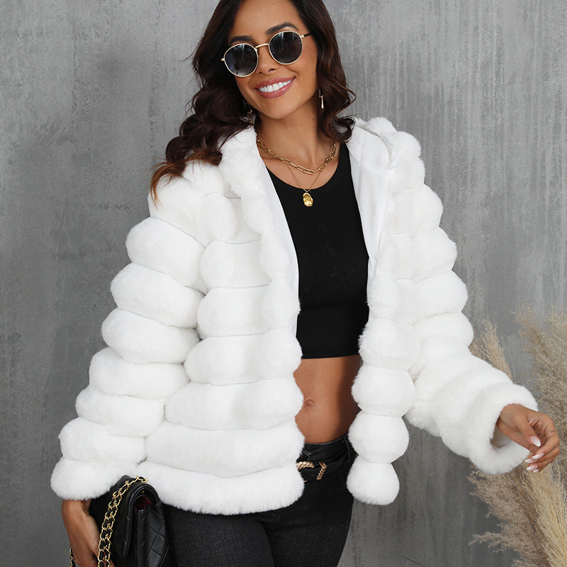 Women's Striped Hooded Imitation Fur Cropped Plush Coats